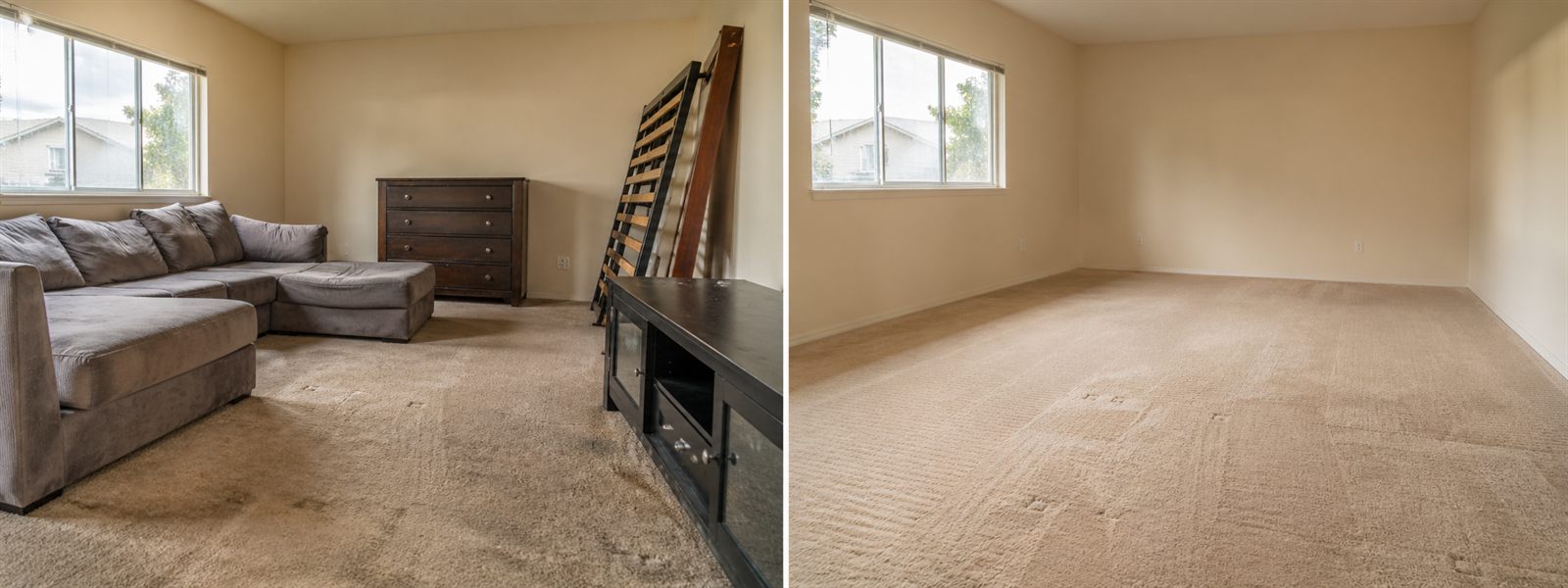 Furniture removal before and after showing bulky furniture removed from a home