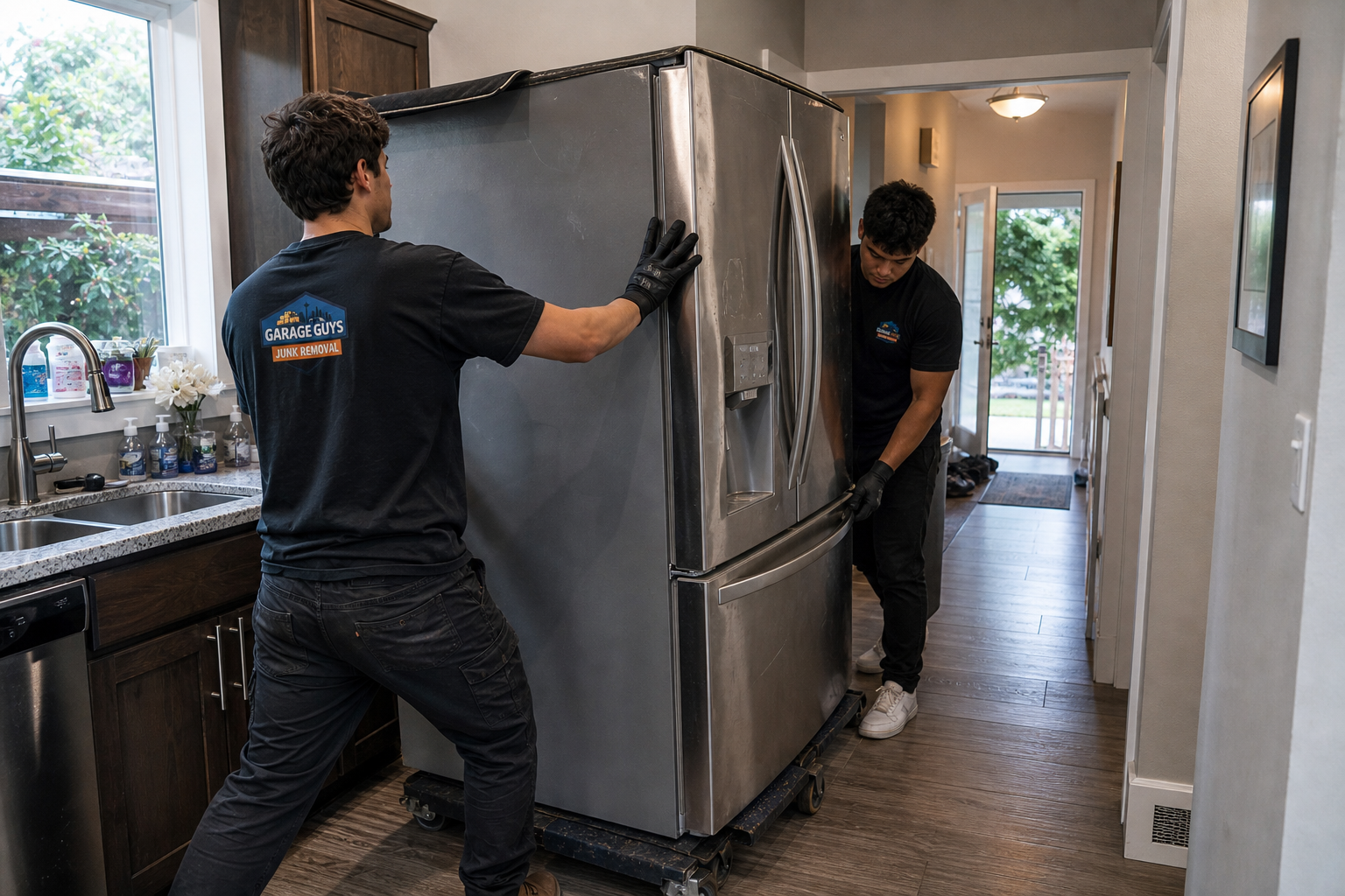 GarageGuys crew moving a refrigerator out of a Seattle home