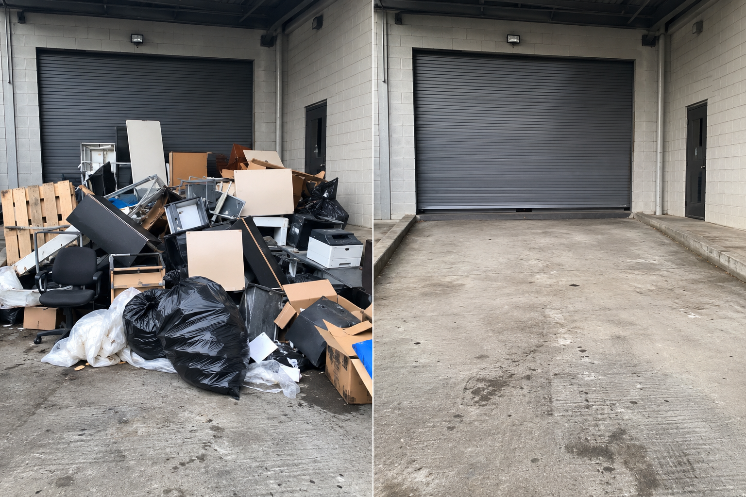 Commercial junk removal before and after at a loading area