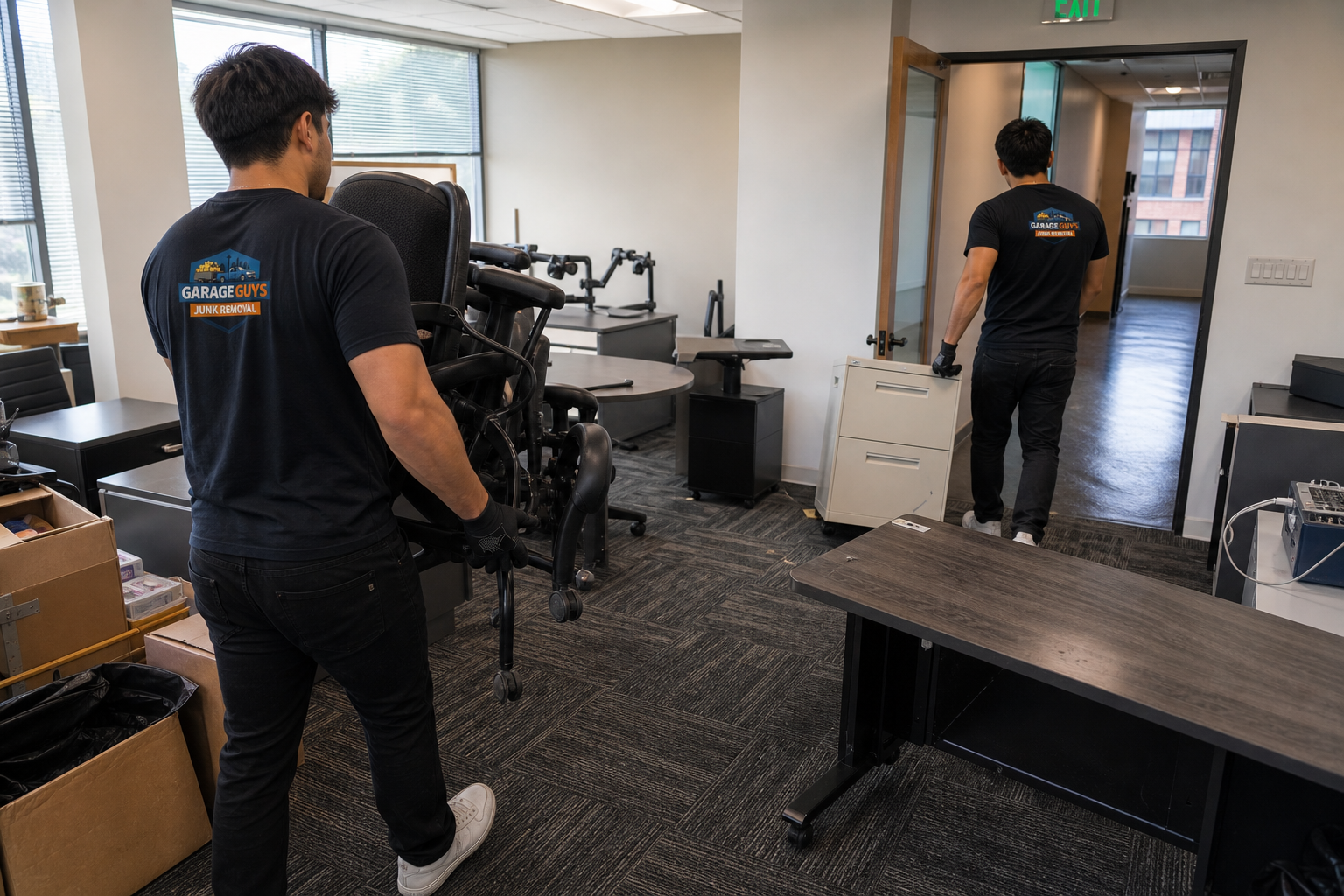 GarageGuys crew clearing office furniture from a commercial space