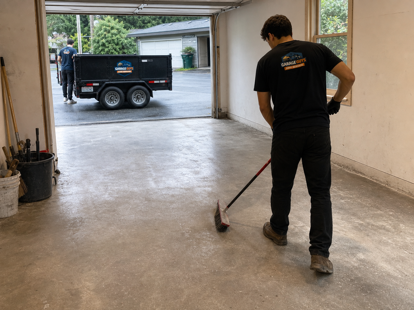 Cleared garage area after renovation debris removal in King County