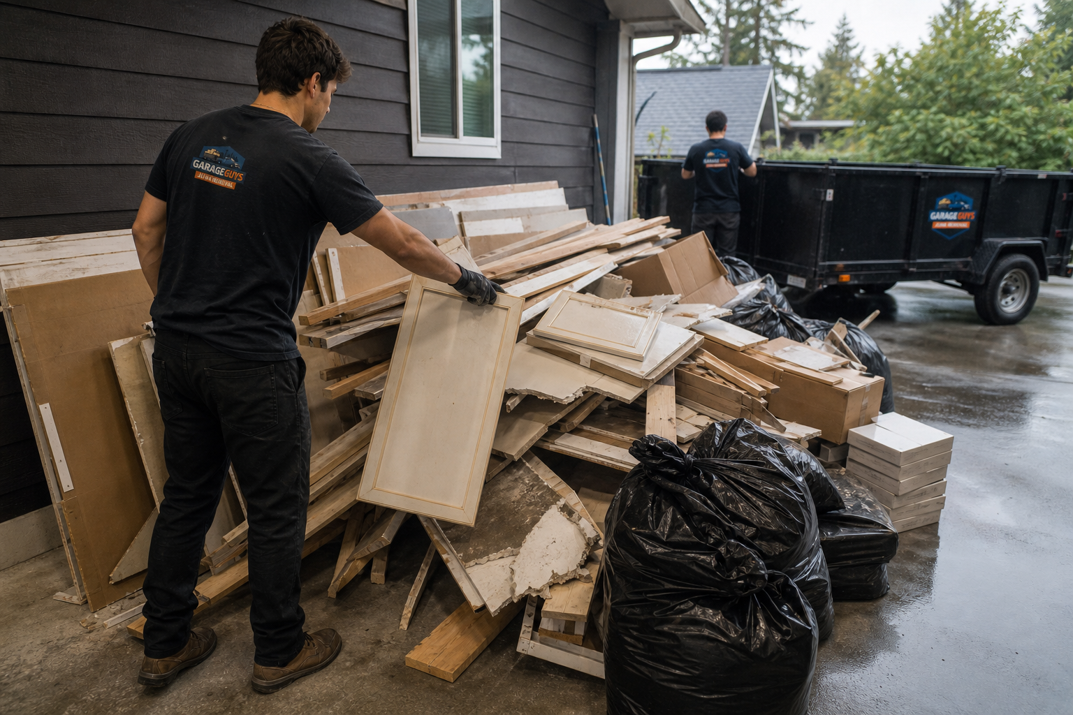Non-hazardous renovation debris staged for GarageGuys construction debris removal