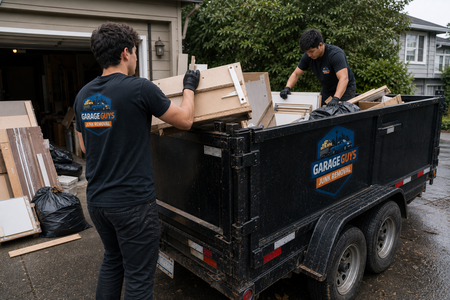 GarageGuys crew loading wood, cabinets, and renovation debris into a trailer