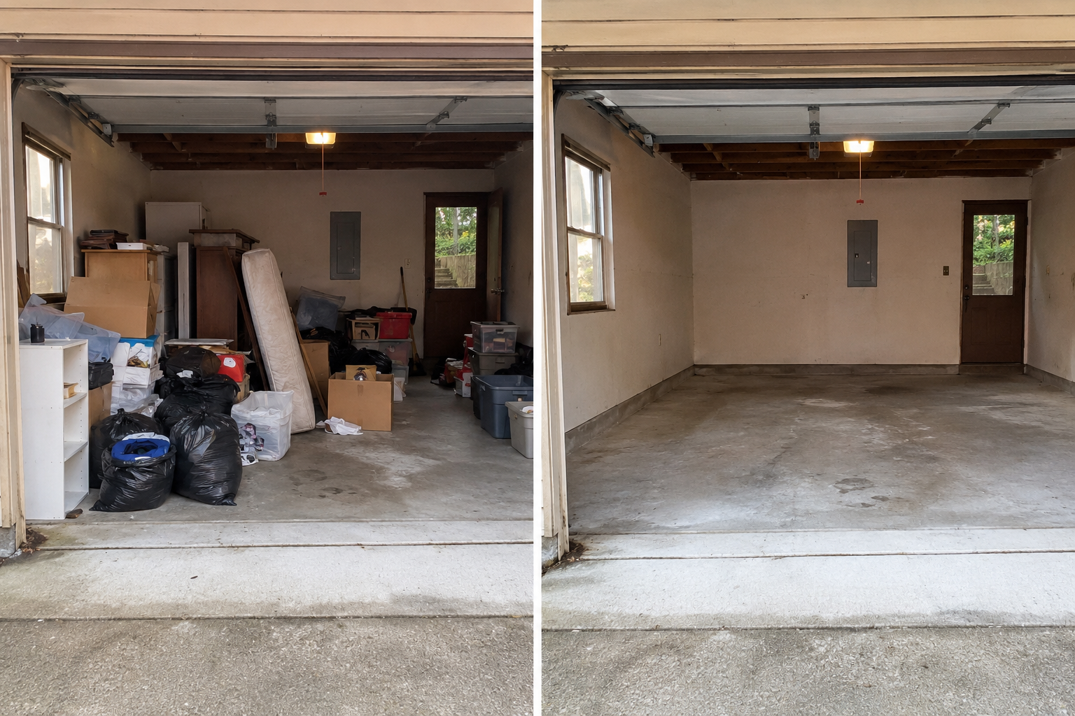 Before and after of a Seattle garage cleanout cleared by the GarageGuys crew