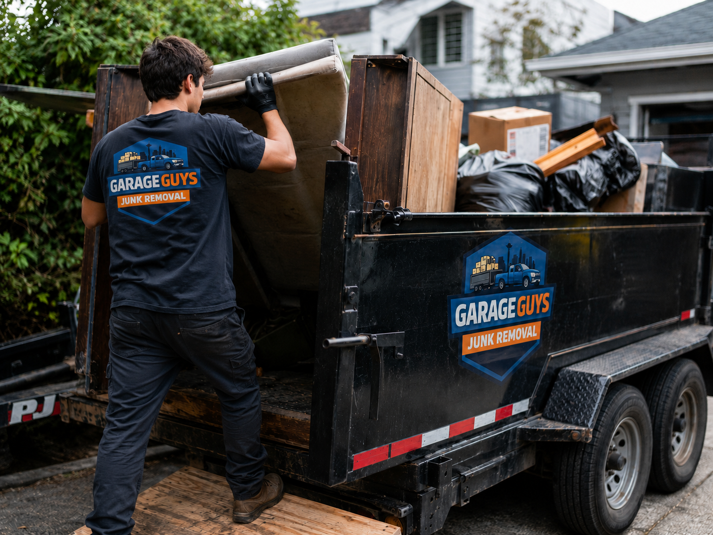 GarageGuys worker loading bulky garage junk into a branded trailer in a Seattle driveway