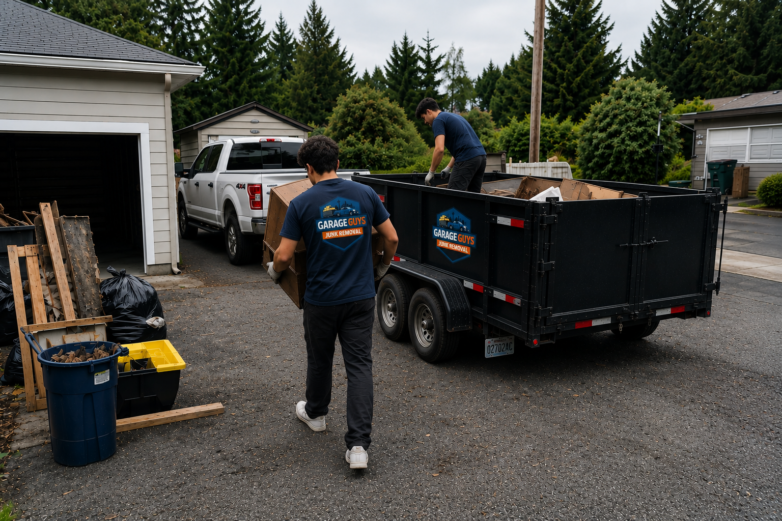 GarageGuys crew loading mixed household junk into a trailer