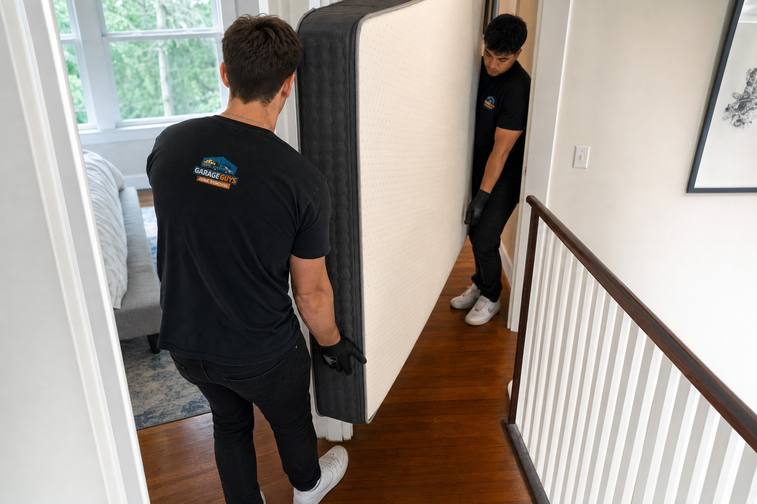 GarageGuys crew removing a mattress from an upstairs bedroom