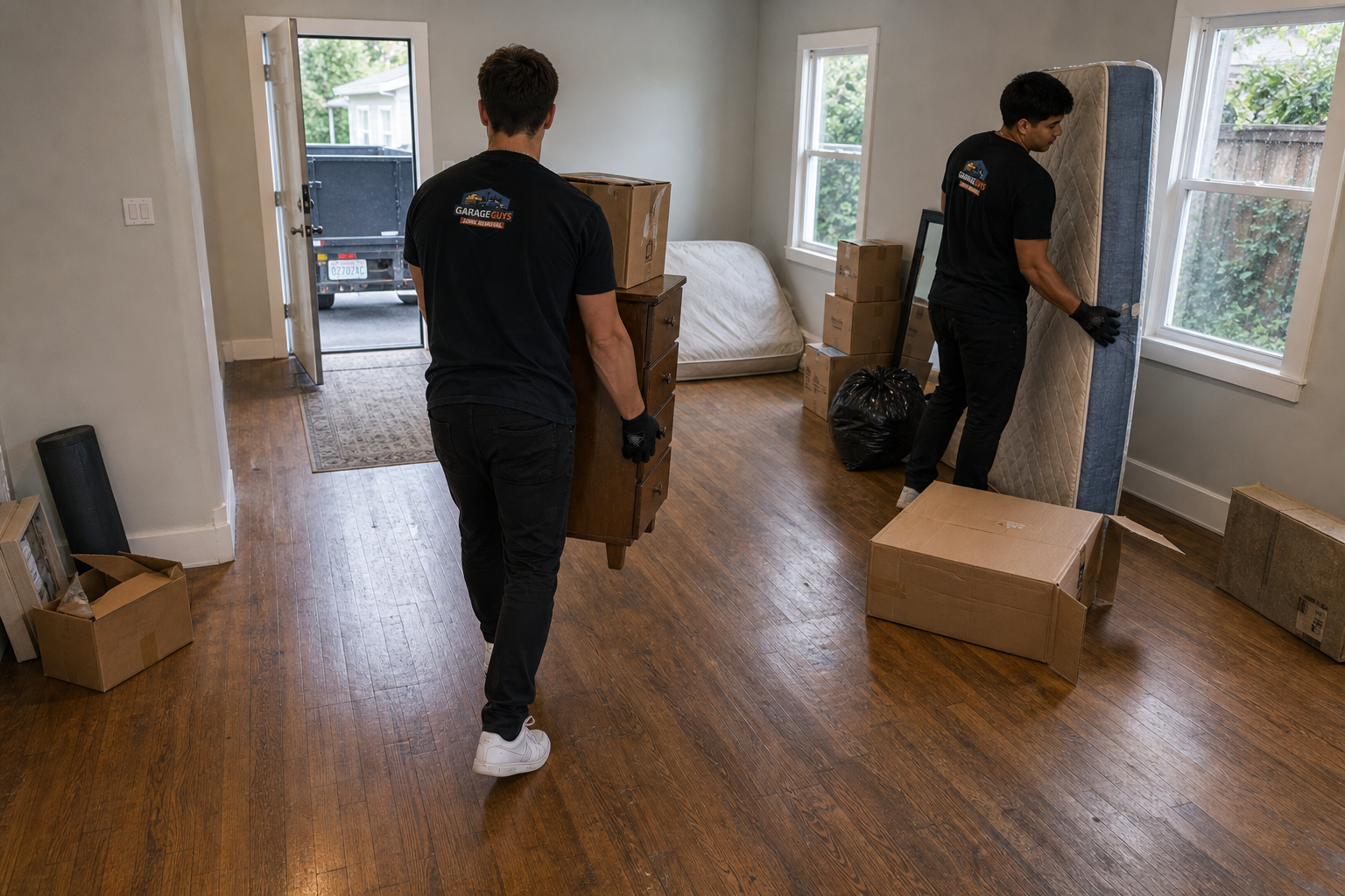 GarageGuys crew removing move-out furniture and boxes from a Seattle home
