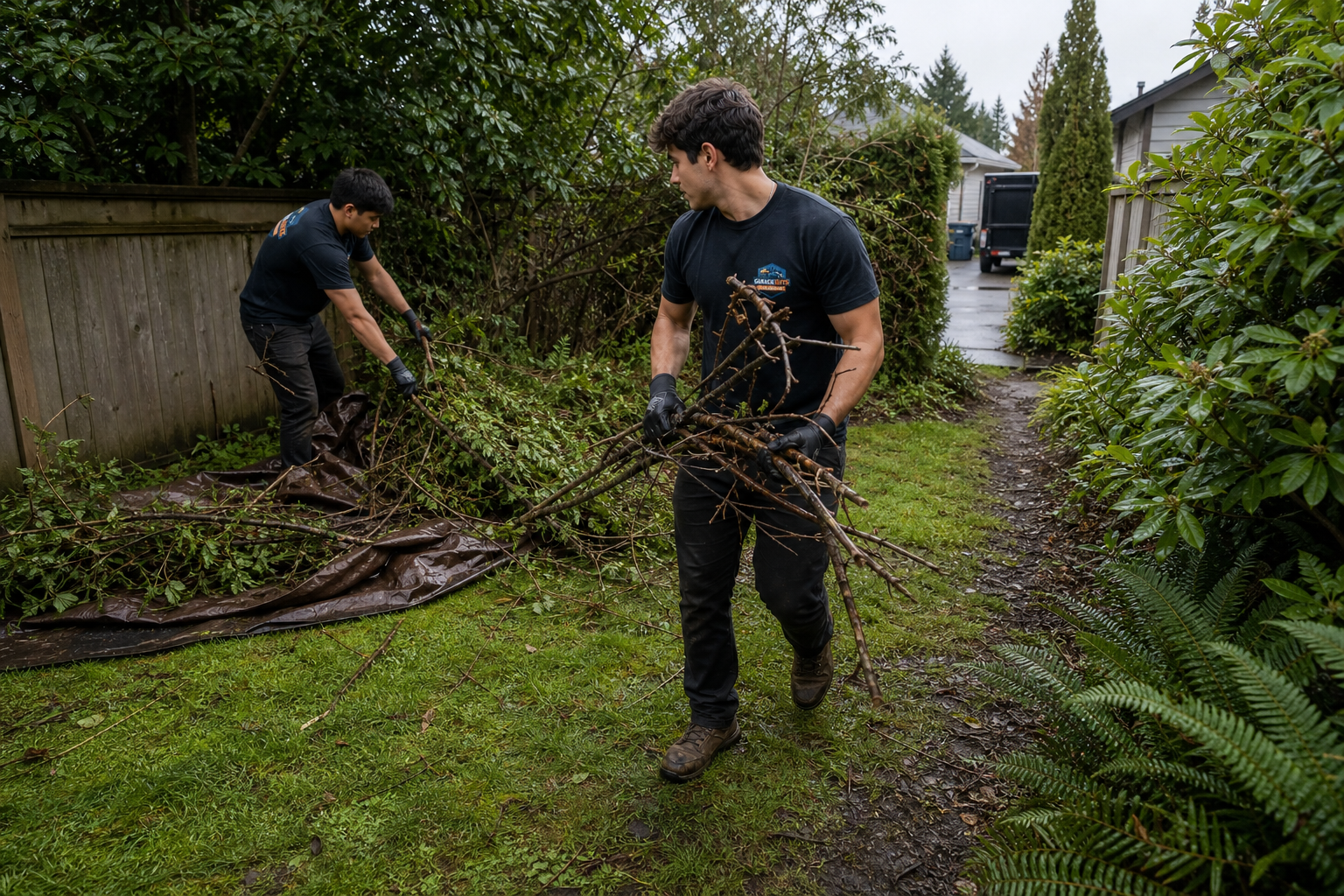 GarageGuys crew loading branches and yard debris from a Seattle backyard