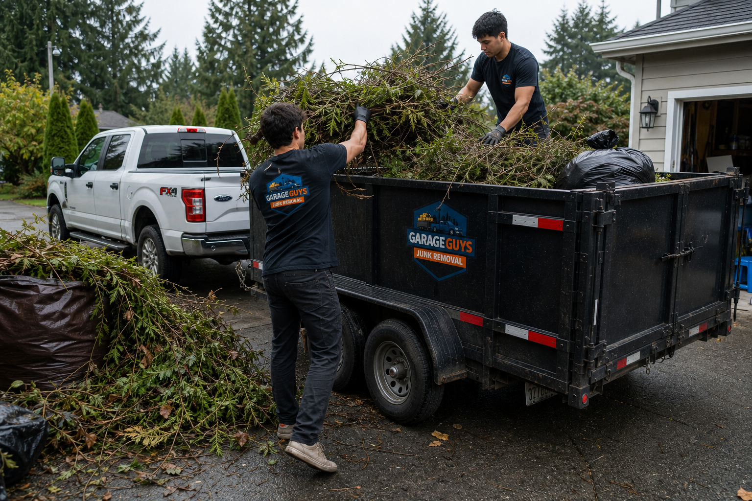 Yard waste and branches loaded into a GarageGuys trailer